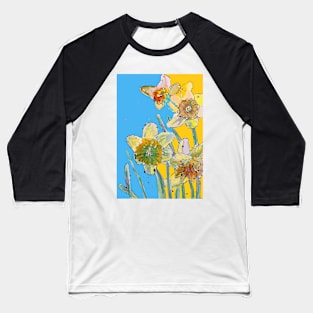 Abstract Yellow Daffodil Watercolor Pattern on Blue Baseball T-Shirt